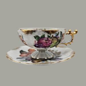 Vintage Shafford Meso Ware Teacup and Saucer Set Fruit Design Pearlescent
